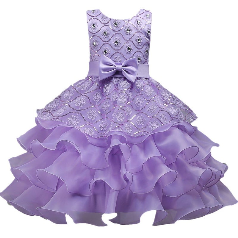 DreamHigh Wedding Flower Girl's Ruffles Lace Cute Bow Waist Evening Dress up Purple 5-6 Years - Image 1